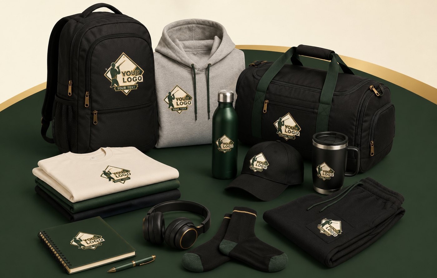 Custom branded team gear — your logo on apparel, bags, hats and drinkware